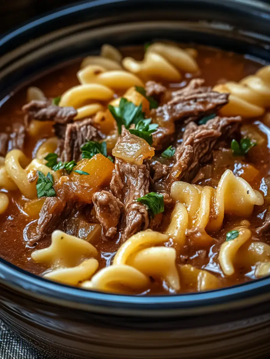 A close-up of a hearty beef and pasta soup garnished with fresh herbs in a dark bowl.