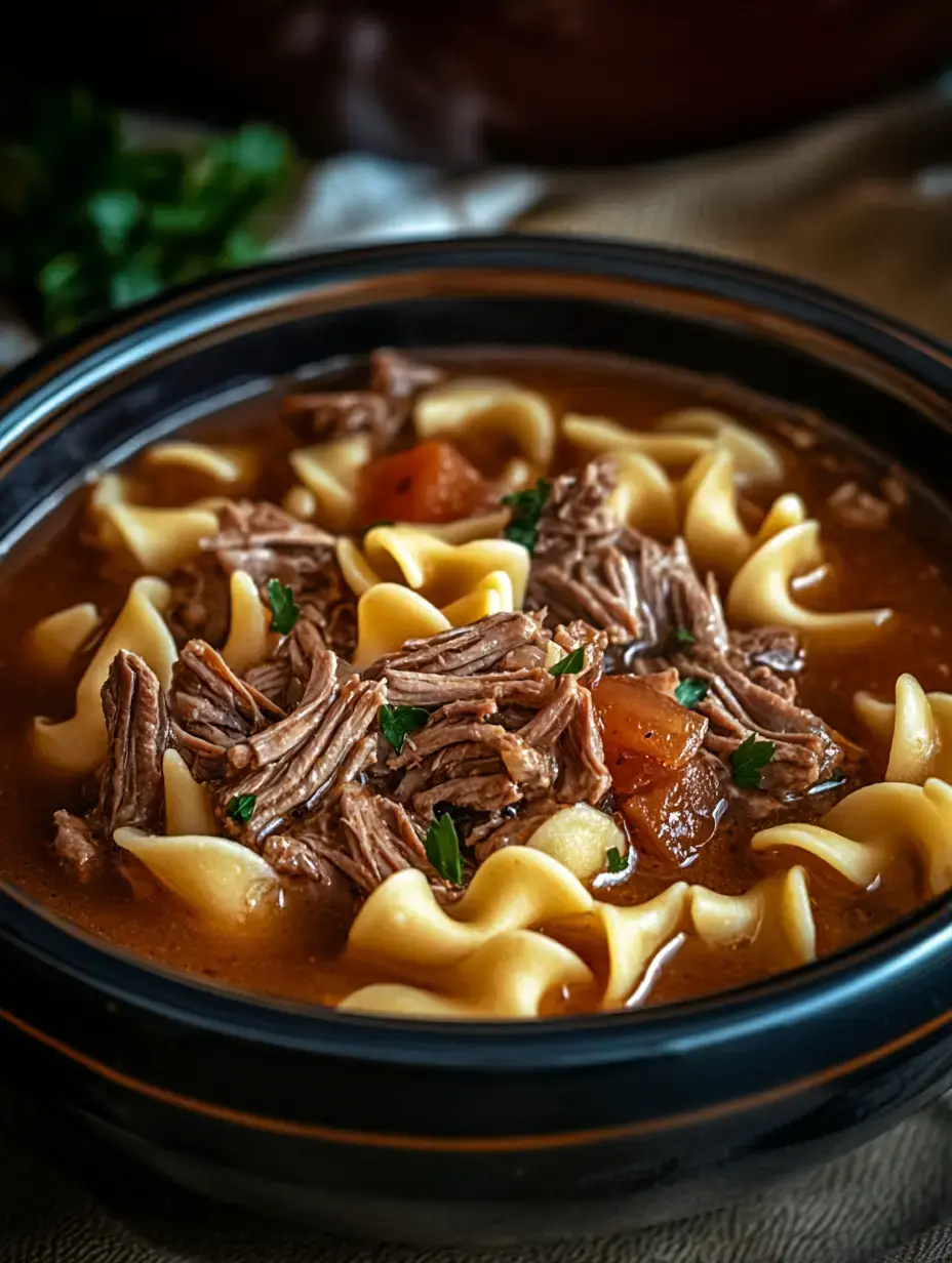 A close-up of a bowl of hearty beef and noodle soup, featuring tender shredded beef, egg noodles, and garnished with parsley.