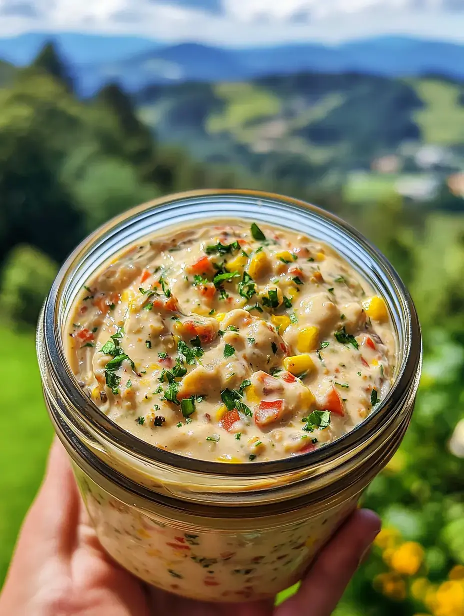 A hand holds a jar filled with a creamy, colorful mixture containing herbs, diced vegetables, and corn, set against a scenic blurred landscape.