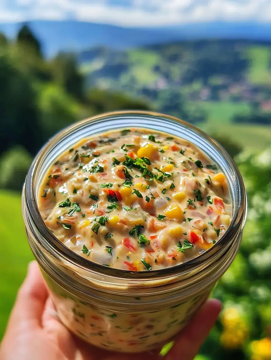 A person is holding a jar filled with a creamy dip containing corn, herbs, and diced peppers, with a scenic green landscape in the background.