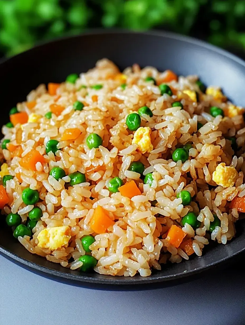 A close-up view of a bowl of fried rice mixed with diced carrots, peas, and scrambled egg.
