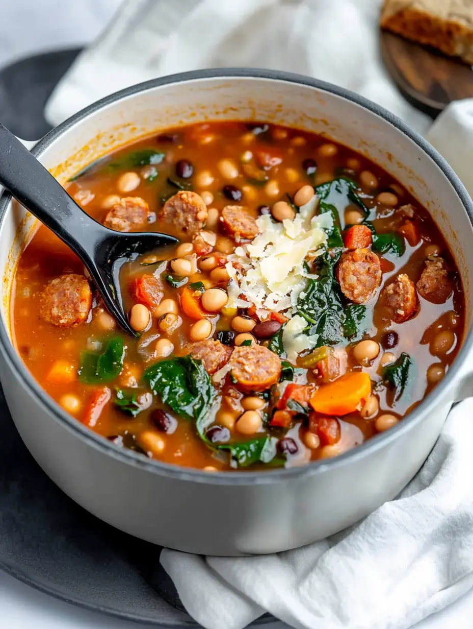 A bowl of hearty soup filled with sausage, beans, spinach, and colorful vegetables, accompanied by a black spoon and a piece of bread in the background.