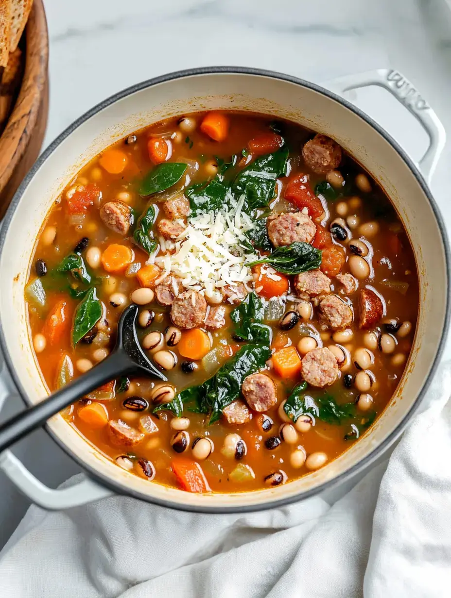 A close-up of a pot filled with hearty bean and vegetable soup, featuring sausage pieces and spinach, with a serving spoon resting inside.