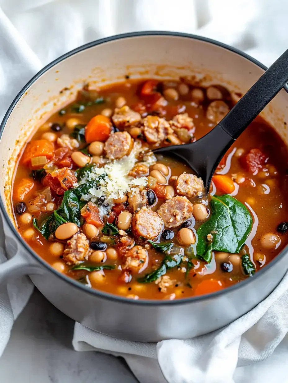 A close-up of a hearty bean and sausage soup with spinach, carrots, and tomatoes in a pot, with a serving spoon resting inside.