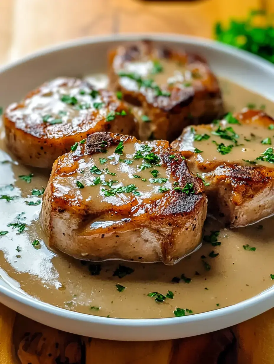 A close-up of four browned pork chops topped with creamy gravy and garnished with fresh parsley, served in a white bowl.
