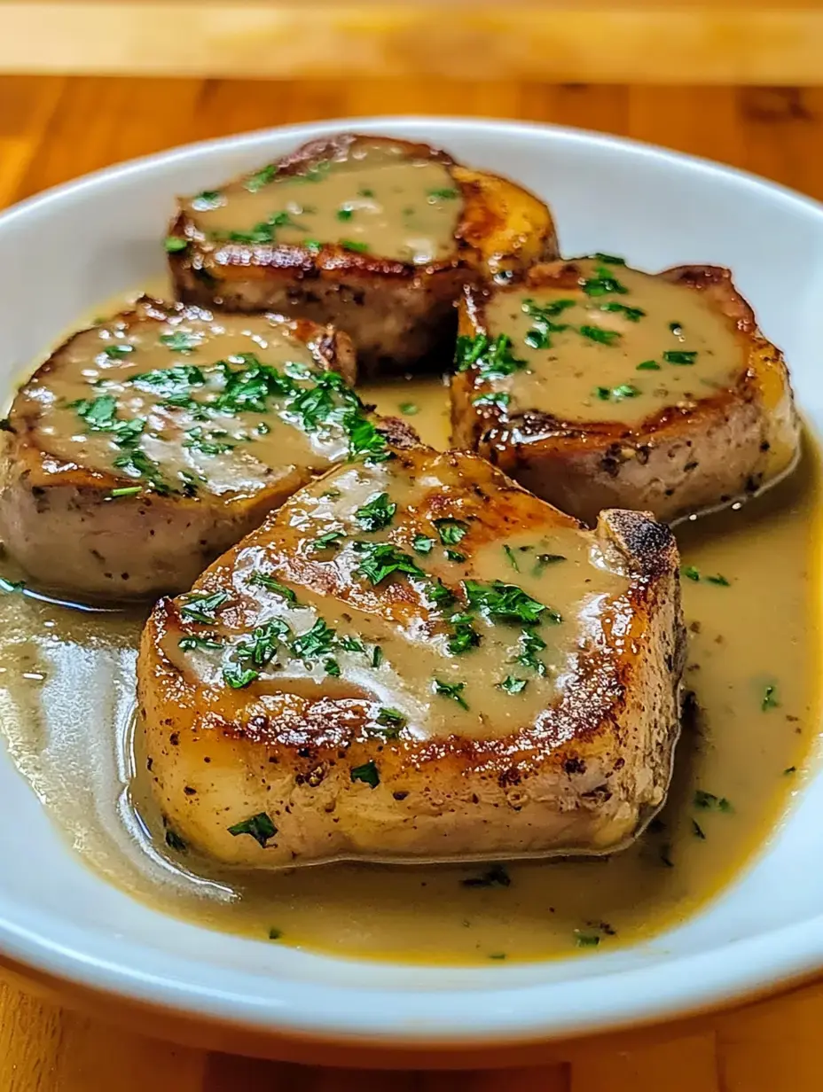 A plate of three grilled pork chops topped with a creamy sauce and garnished with chopped parsley.