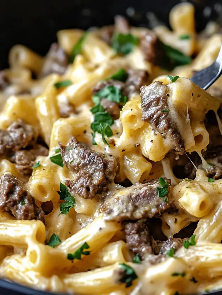 A close-up of creamy pasta mixed with tender beef chunks and sprinkled with fresh parsley.