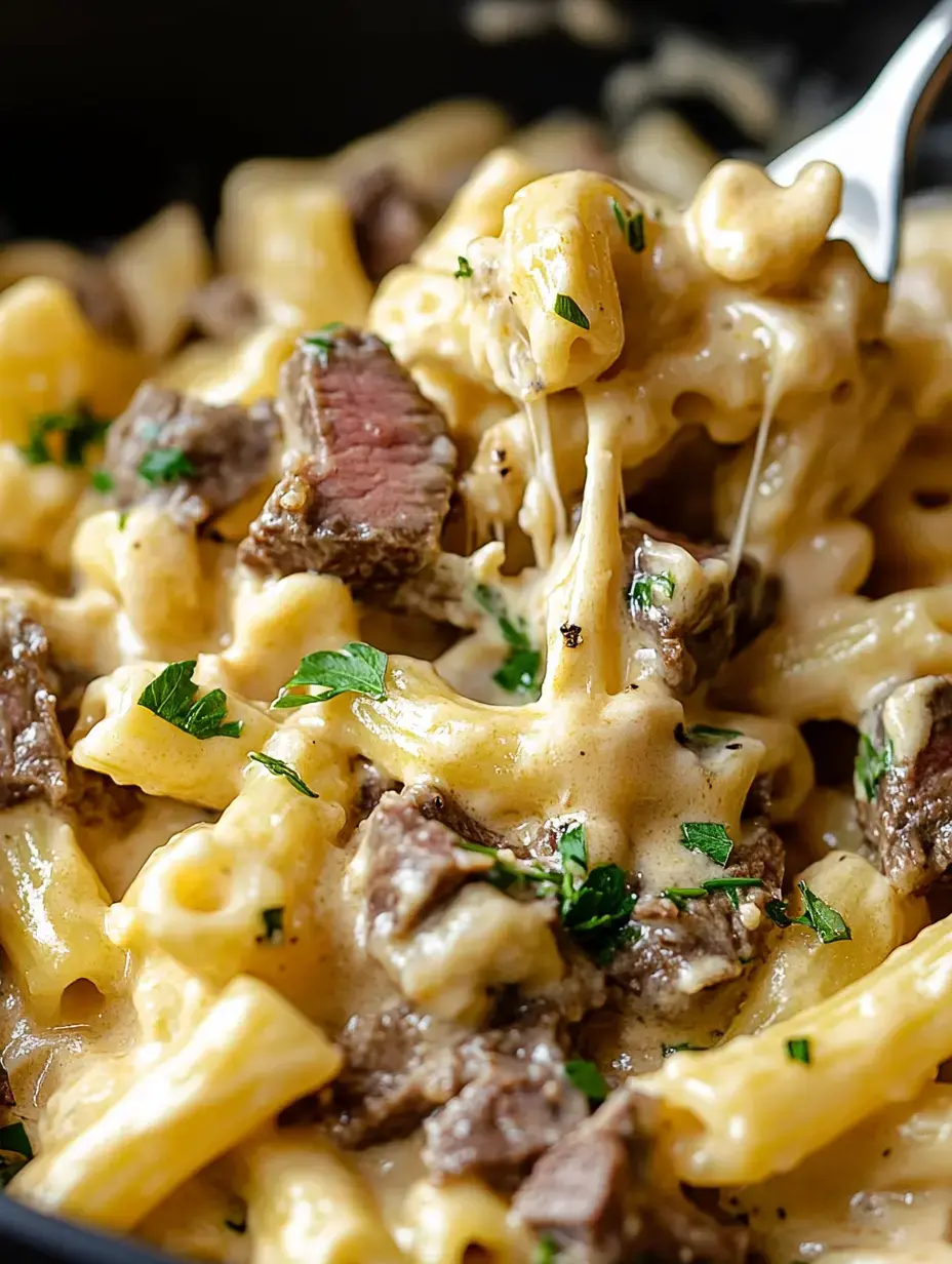 A close-up of creamy pasta with tender pieces of beef and a sprinkle of fresh parsley.