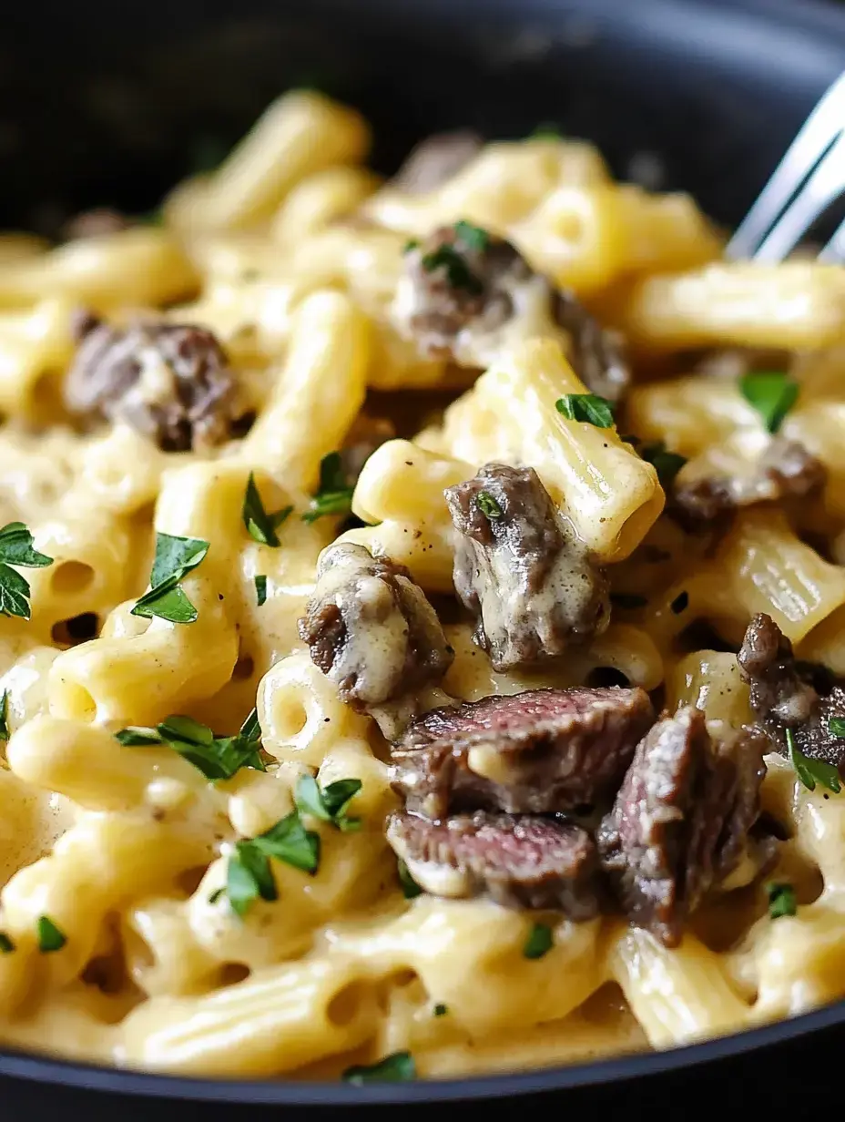 A close-up of creamy macaroni pasta mixed with pieces of beef and garnished with parsley.