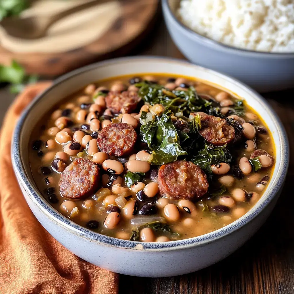 A comforting bowl of beans with sausage, greens, and a side of fluffy white rice.