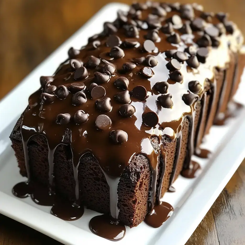 A glossy chocolate loaf topped with chocolate chips, placed on a white serving plate.