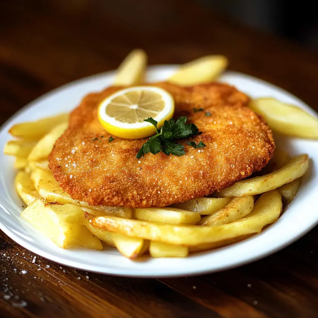 Crispy, golden-brown breaded chicken cutlets with lemon slices on top, served on a plate of thick fries.