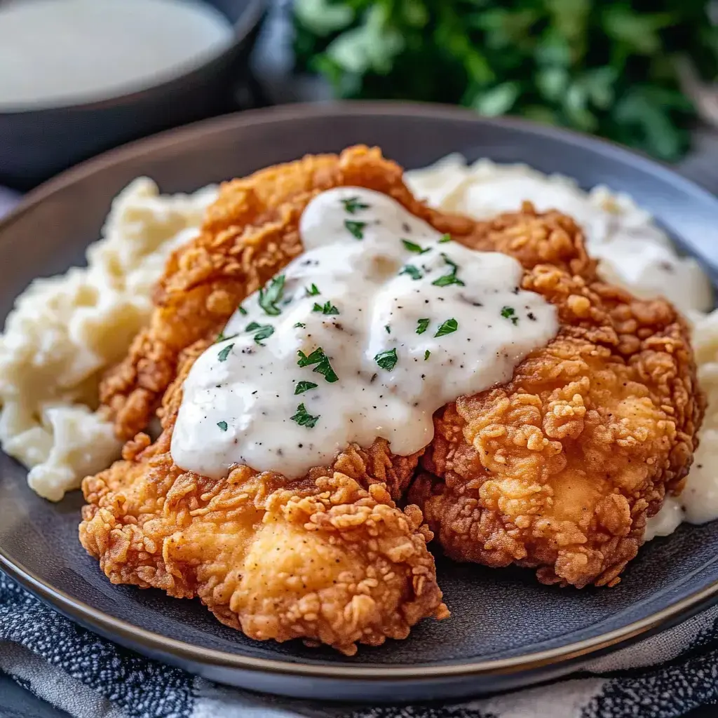 Crispy southern-style chicken with gravy next to creamy mashed potatoes.