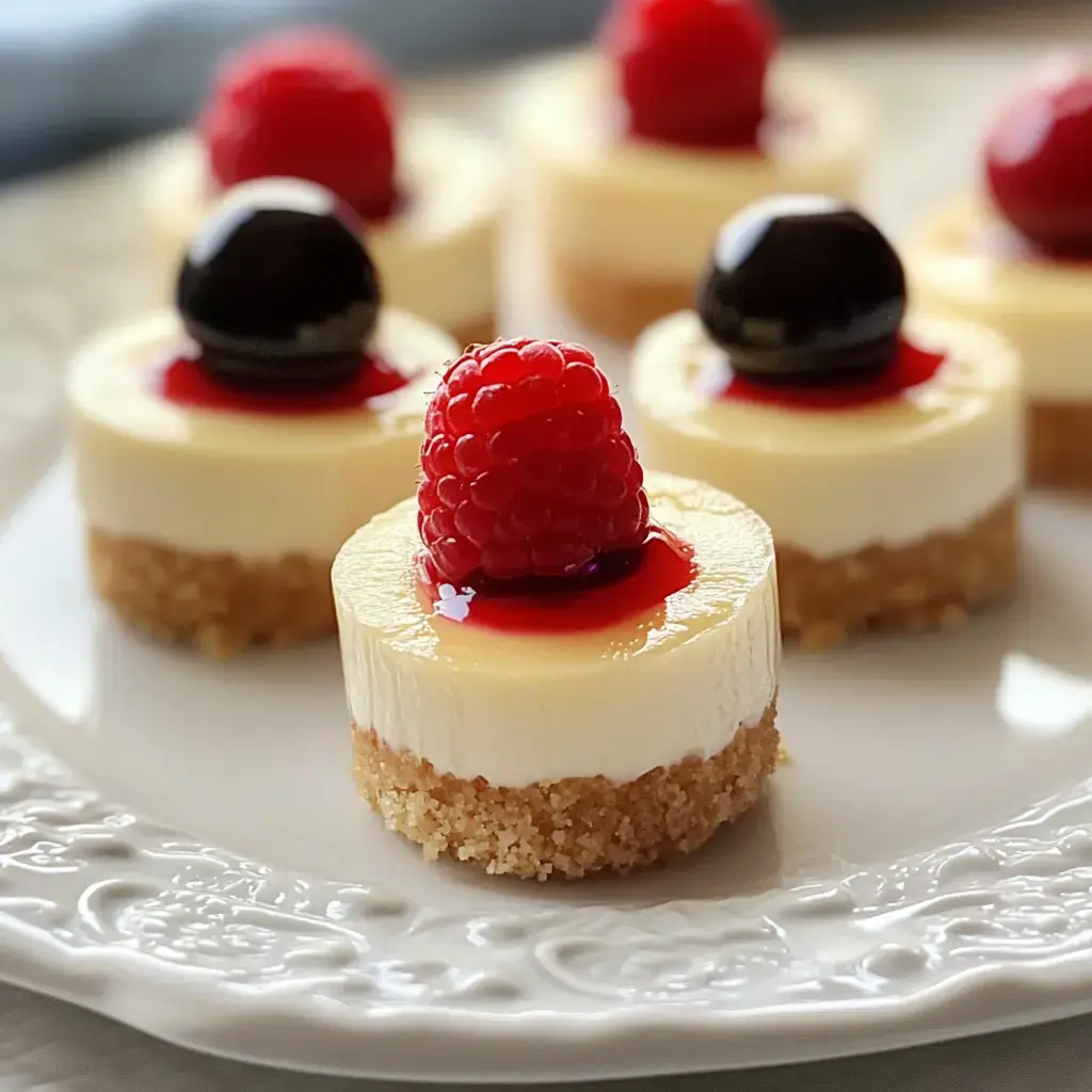 A serving platter filled with mini cheesecakes, garnished with berries and a drizzle of red sauce.