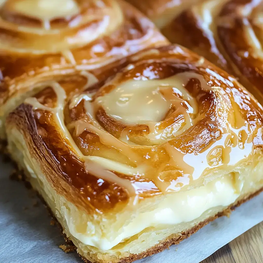 A close look at a glazed roll with creamy filling sitting on parchment paper.
