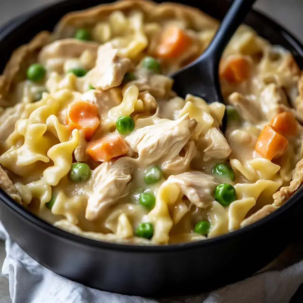 A cozy bowl of creamy noodles, chicken chunks, peas, and carrots.