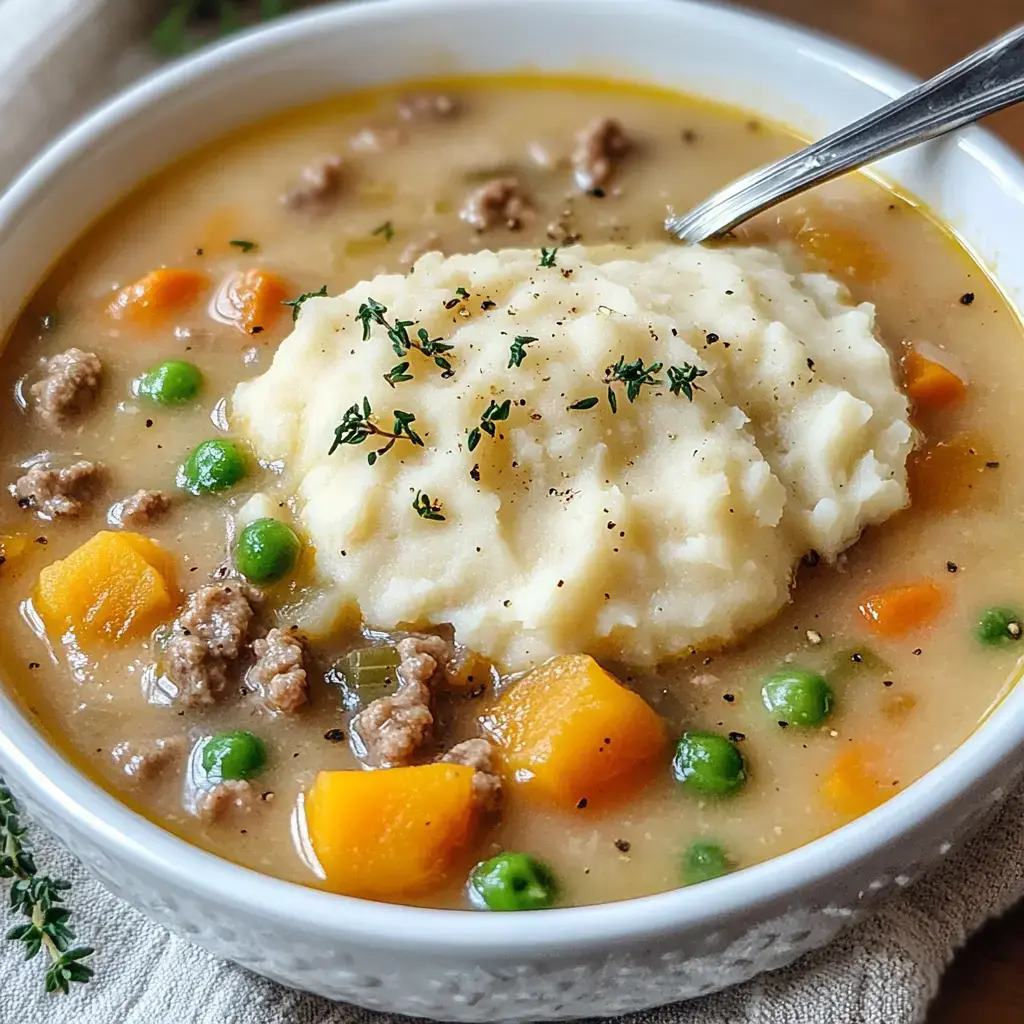A comforting soup loaded with meat, veggies, and creamy mashed potatoes sprinkled with fresh herbs.