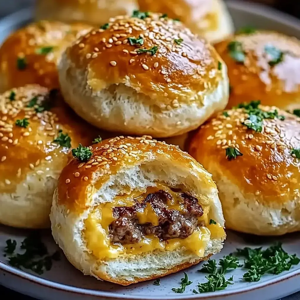 Golden brown stuffed rolls filled with beef and cheese, topped with sesame seeds and garnished with parsley.