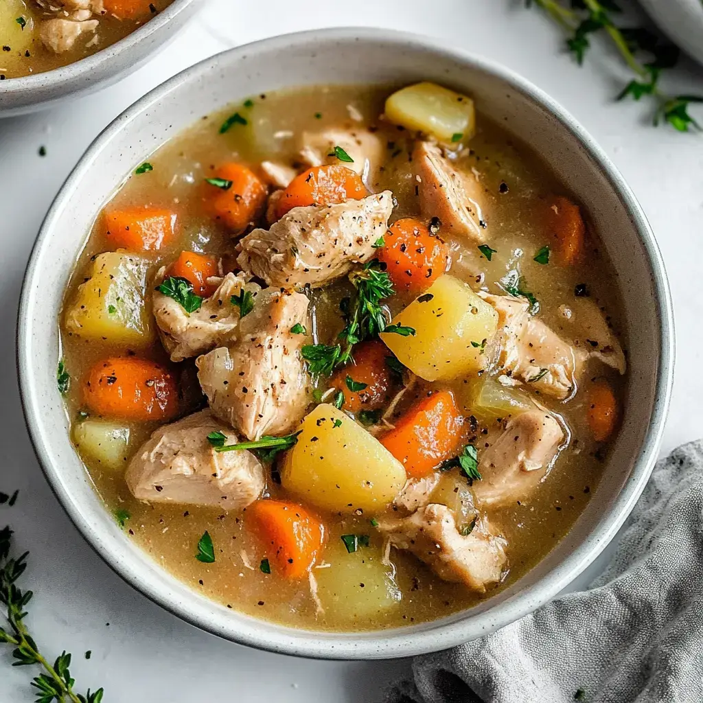 A comforting bowl of slow-cooked chicken, carrots, and potatoes in a creamy, flavorful broth.