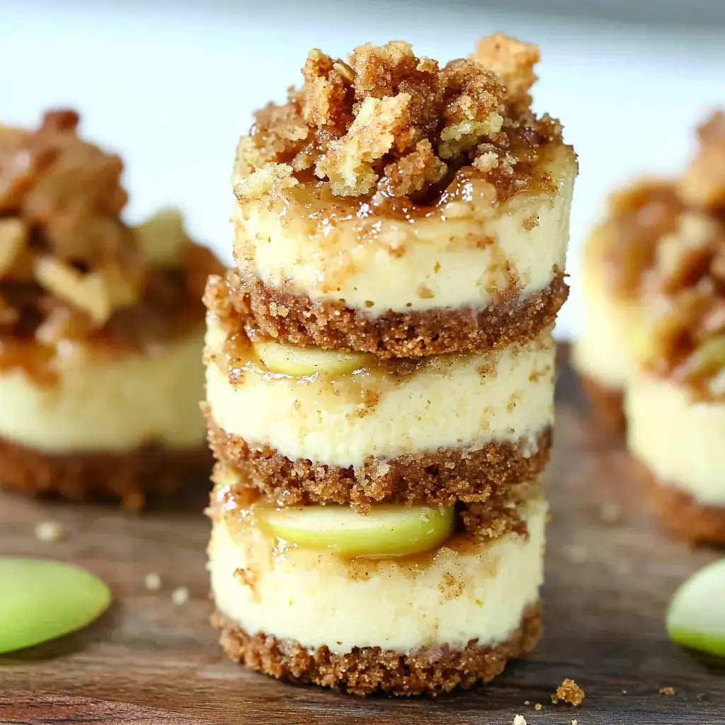 Small layered cheesecakes stacked up, with crumb topping and syrup drizzle beside green apple slices.