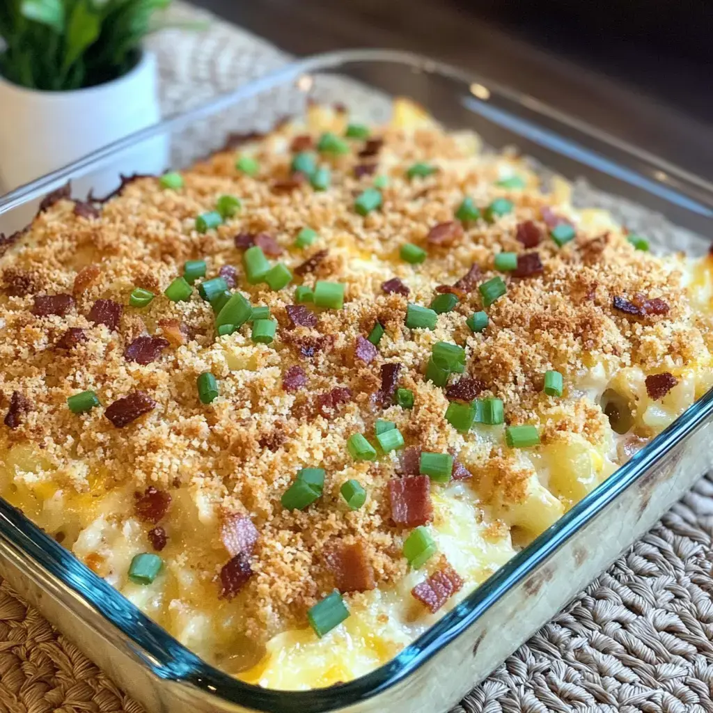 A baked dish of cheesy hashbrown casserole with crackers, bacon, and green onions, served on a rustic table.