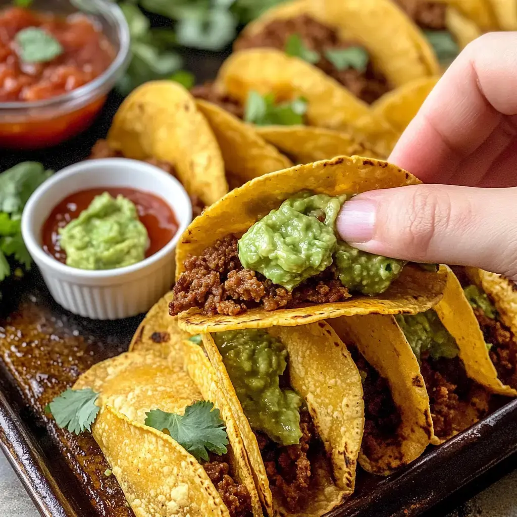 A person holding a taco packed with meat and guac, surrounded by more tacos plus salsa and guacamole bowls.