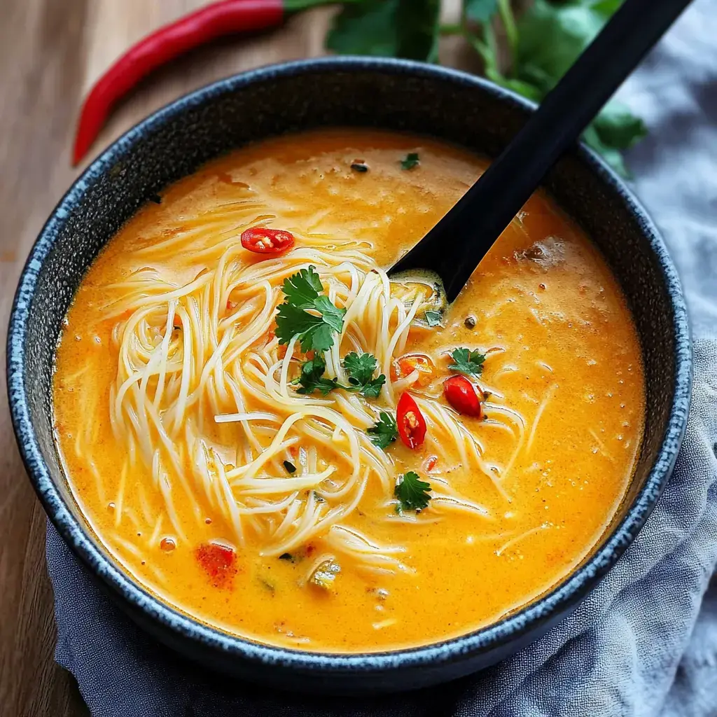 A creamy noodle soup topped with fresh herbs and sliced red chili.