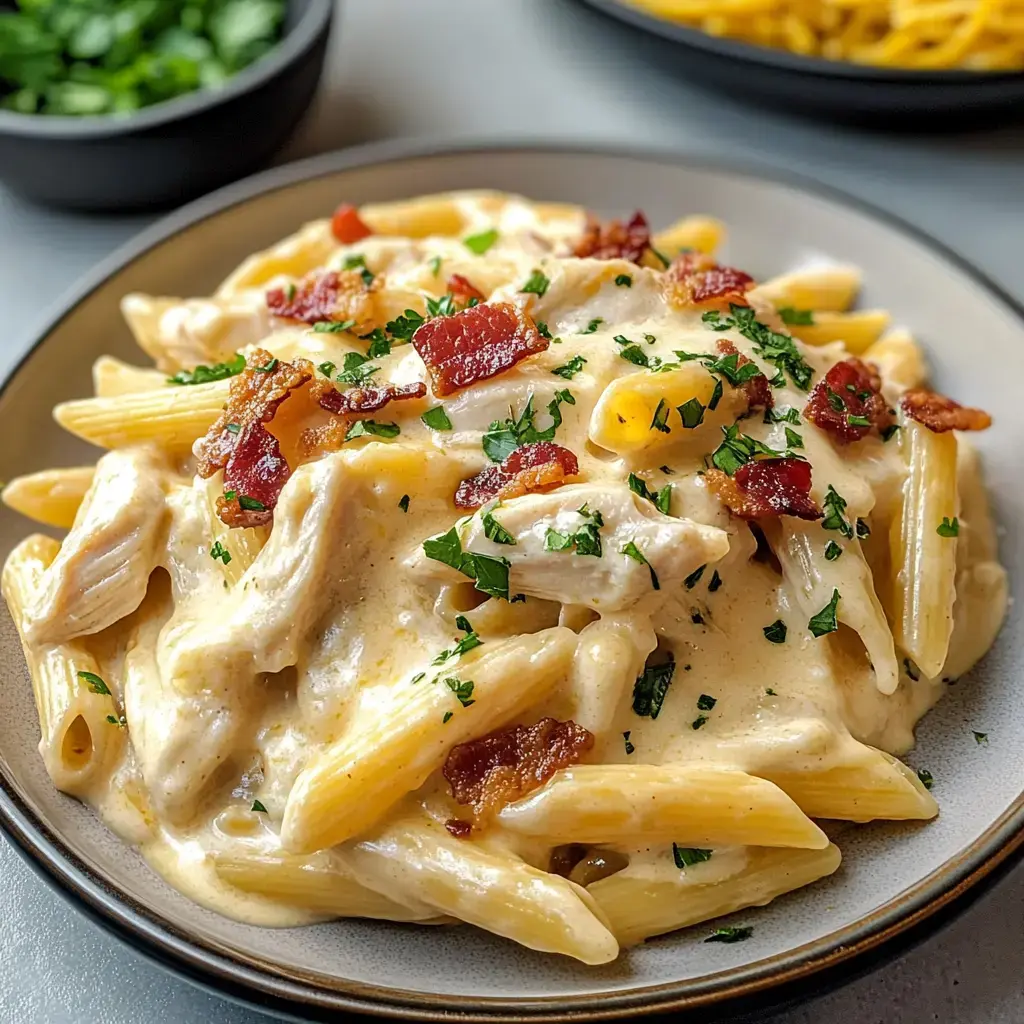 Creamy penne pasta topped with bacon bits and parsley, surrounded by other plated dishes.