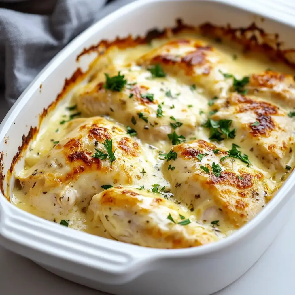 Cheesy chicken bake with cream sauce and fresh herbs on top.