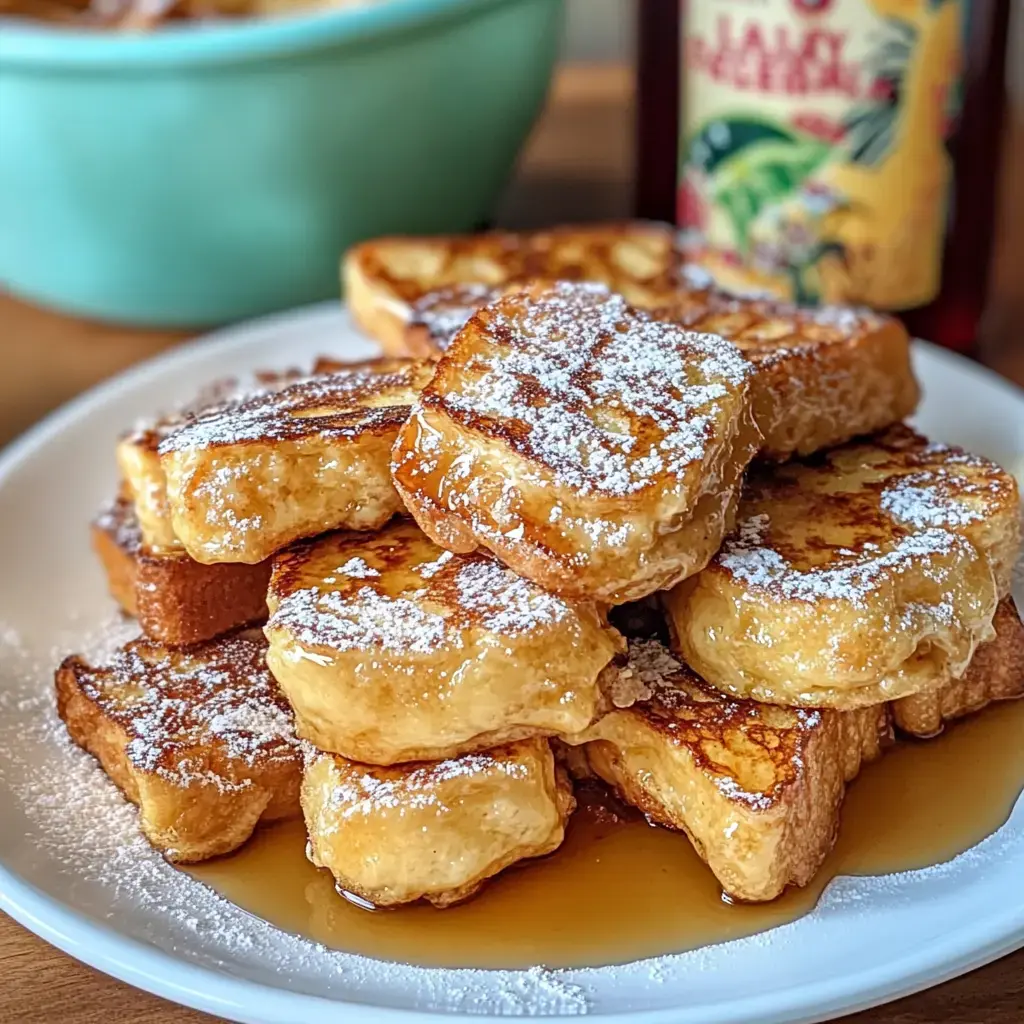 Golden French toast on a white plate dusted with powdered sugar and drizzled with syrup, surrounded by a teal bowl and syrup bottle.