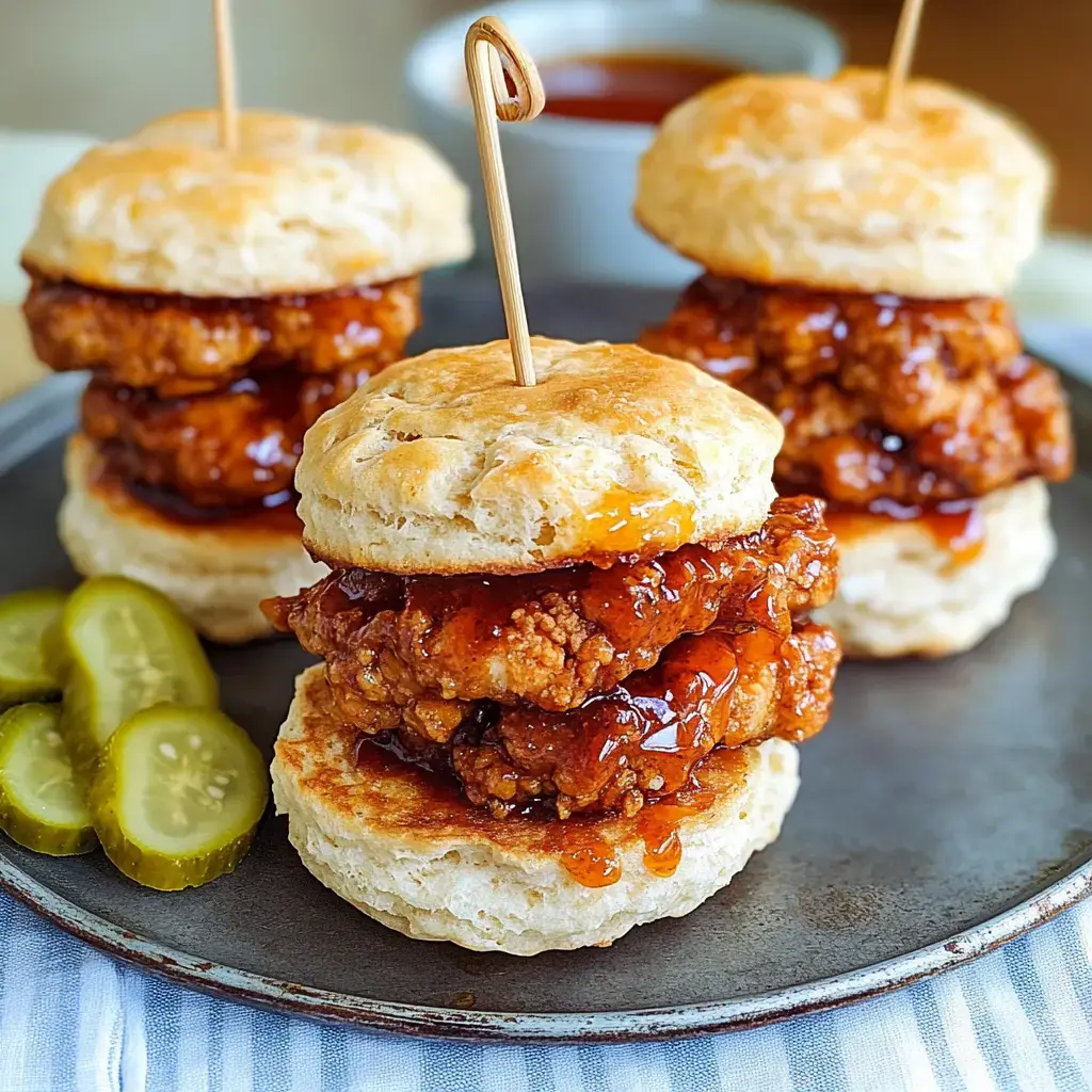 Three chicken biscuit sandwiches stacked with sauce drizzled on top and pickles resting on a metal plate.