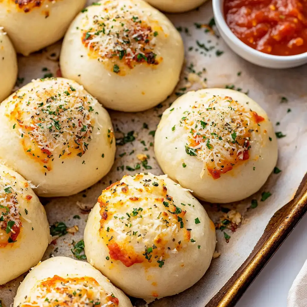 Golden rolls filled with cheese, sprinkled with herbs, and paired with a marinara dipping sauce in a small bowl.