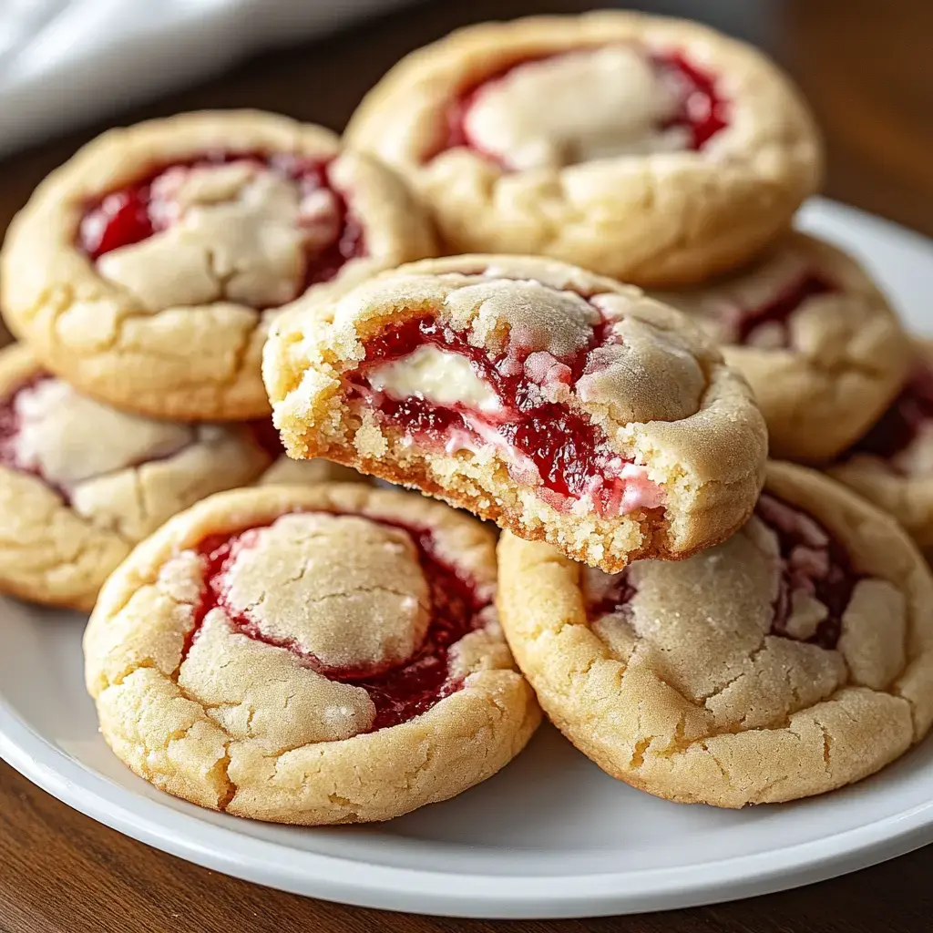 A platter of cookies with raspberry jam and cream cheese filling, with one cookie split open to show the filling.