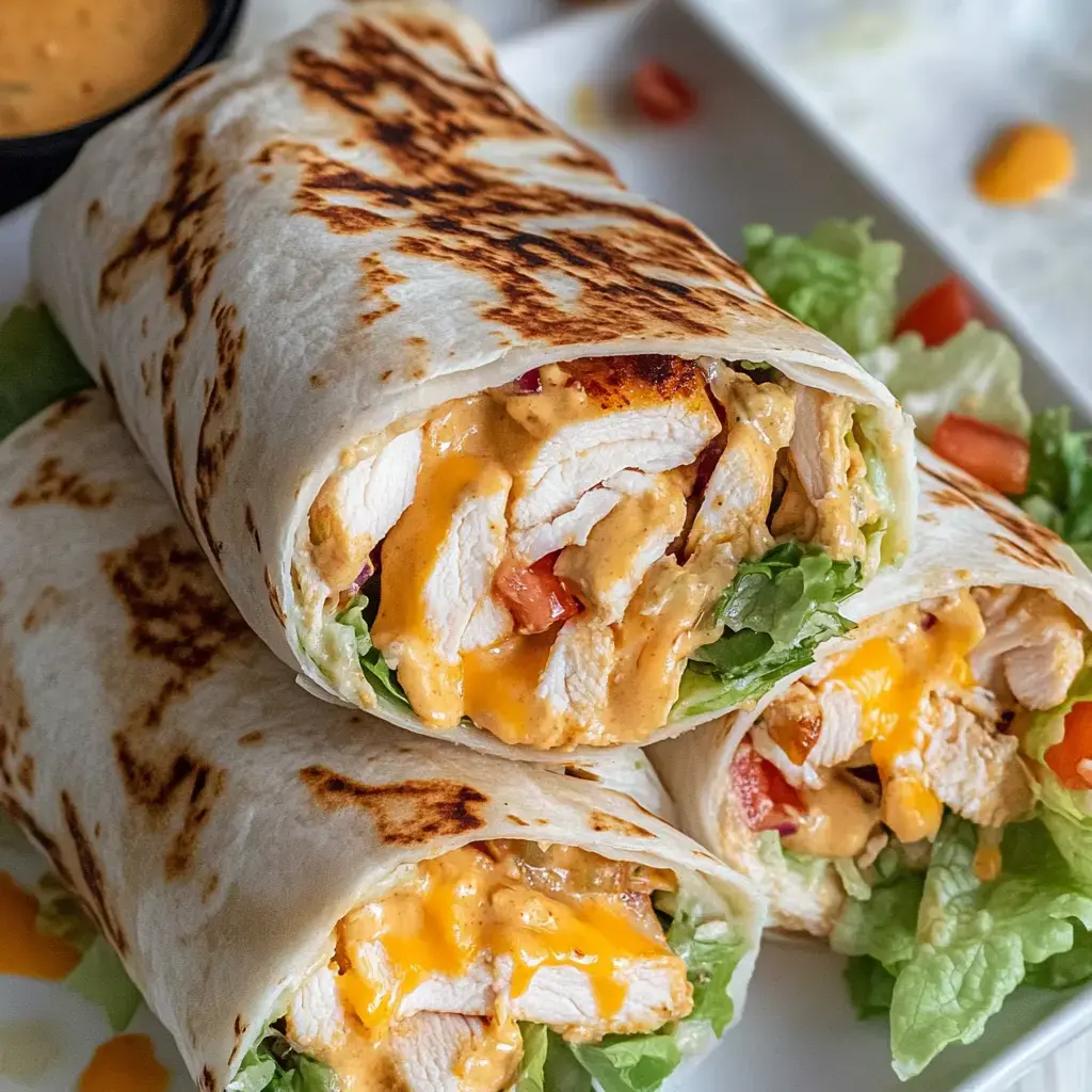 Close-up view of grilled chicken wraps stuffed with greens, tomatoes, and melted cheese, served on a plate with dipping sauce on the side.