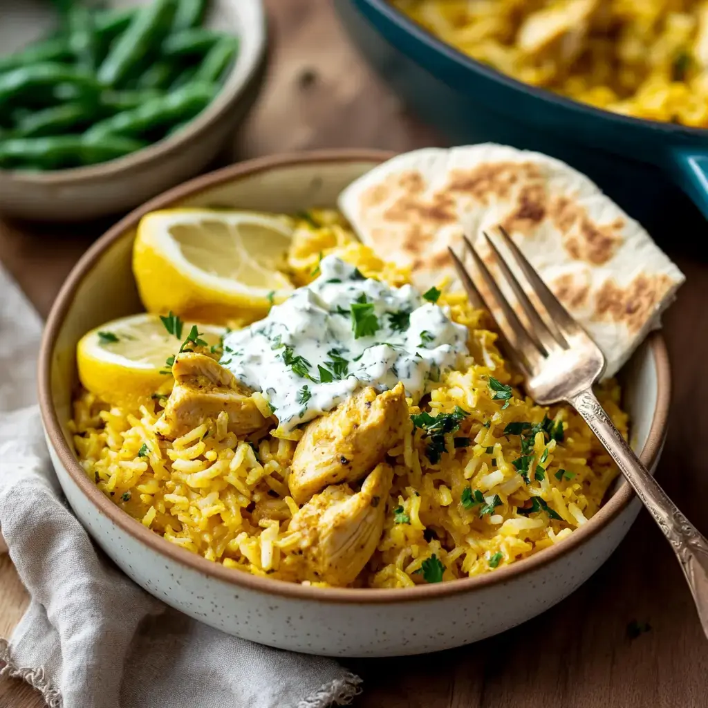 A vibrant dish of yellow-toned rice topped with chicken, tzatziki drizzle, lemon slices, and herbs. A small piece of flatbread and fresh vegetables are nearby.