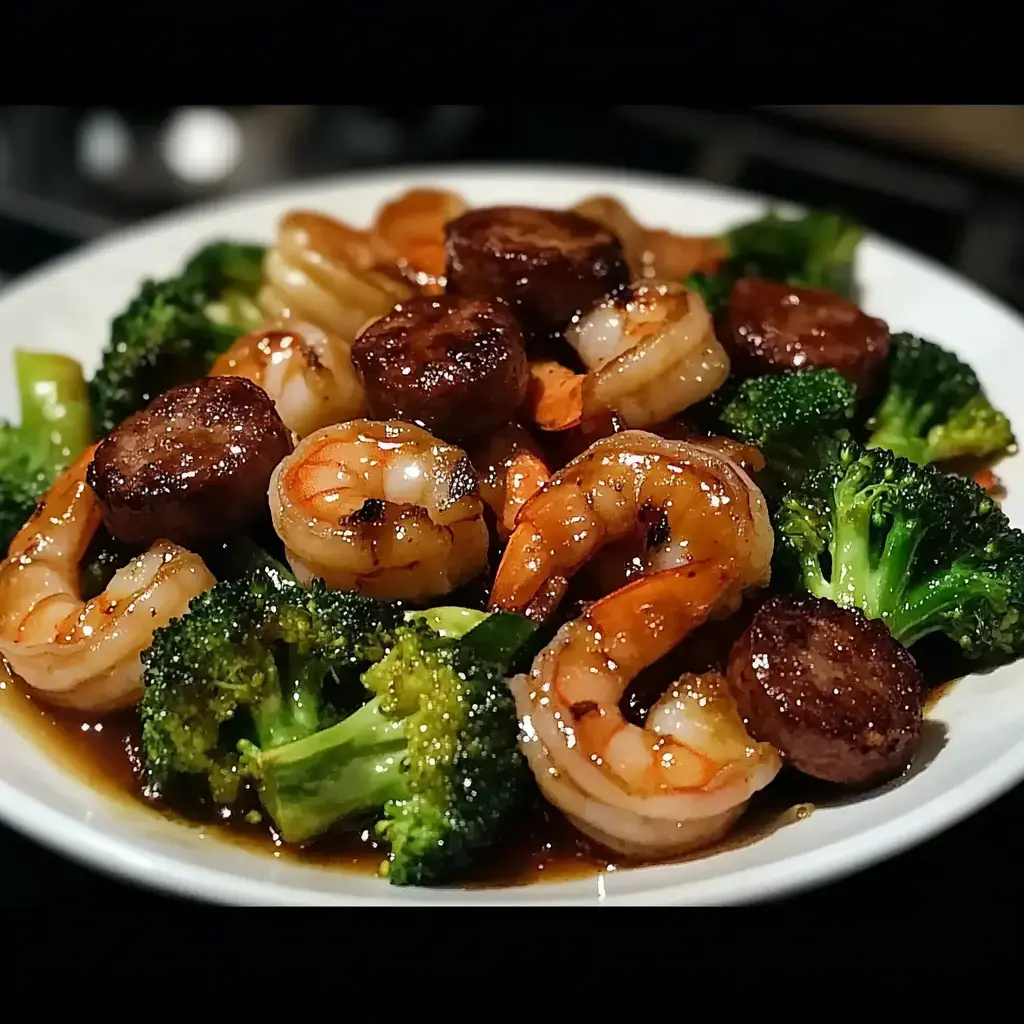 A bowl full of shrimp, sausage, and broccoli glazed with a golden honey garlic sauce.