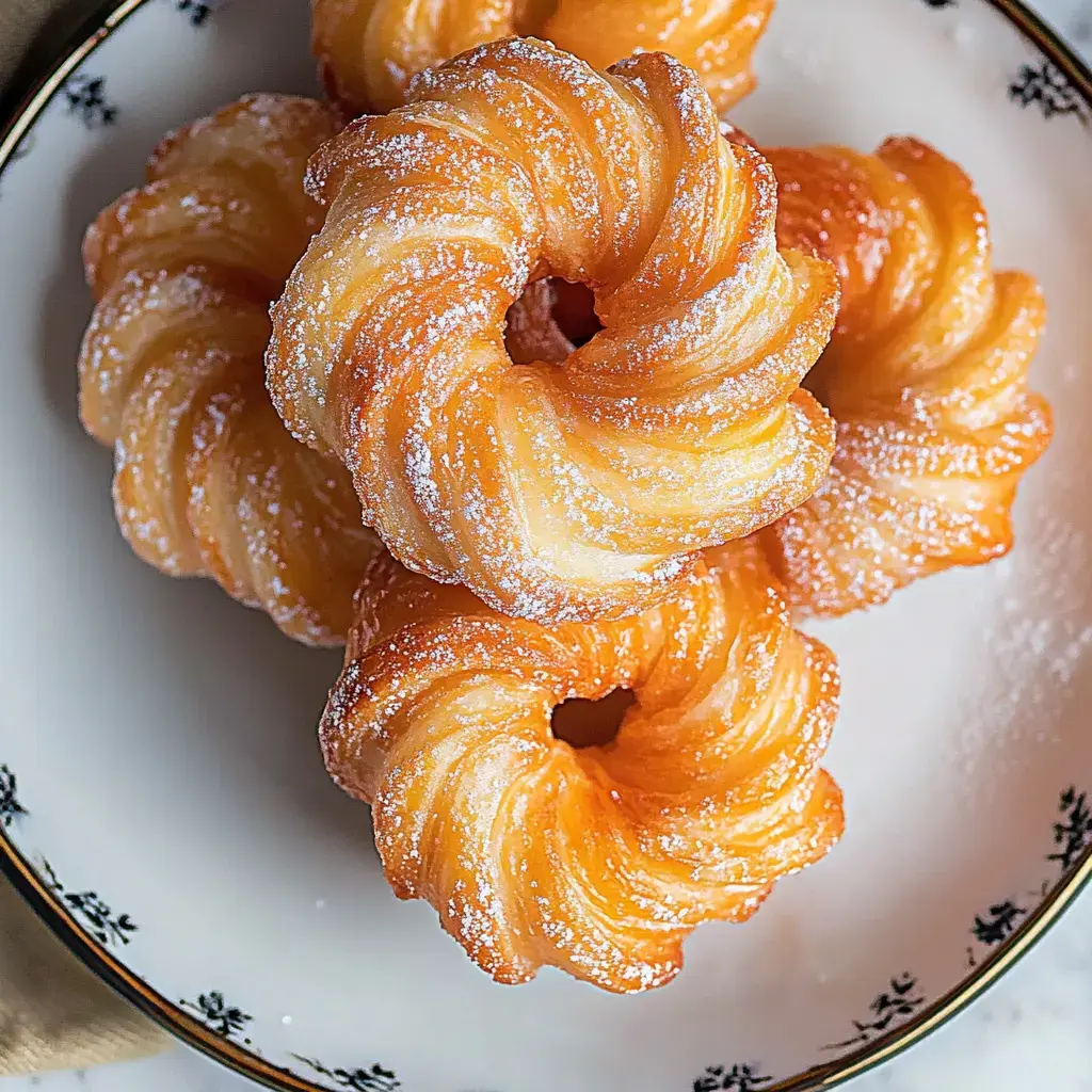 Small round pastries with powdered sugar on a plate, golden and crispy.