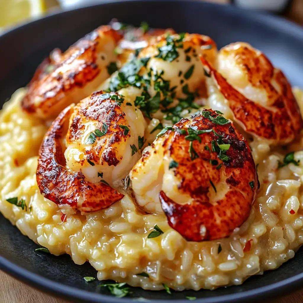 Golden-brown shrimp atop creamy, cheesy rice with parsley sprinkled over.