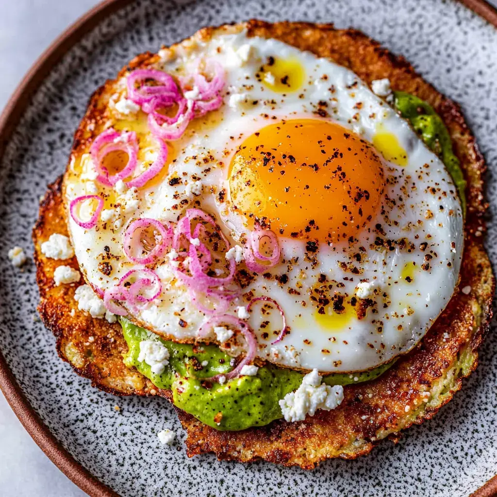Egg with crispy cheese base topped with avocado and pickled onions, drizzled lightly with olive oil.
