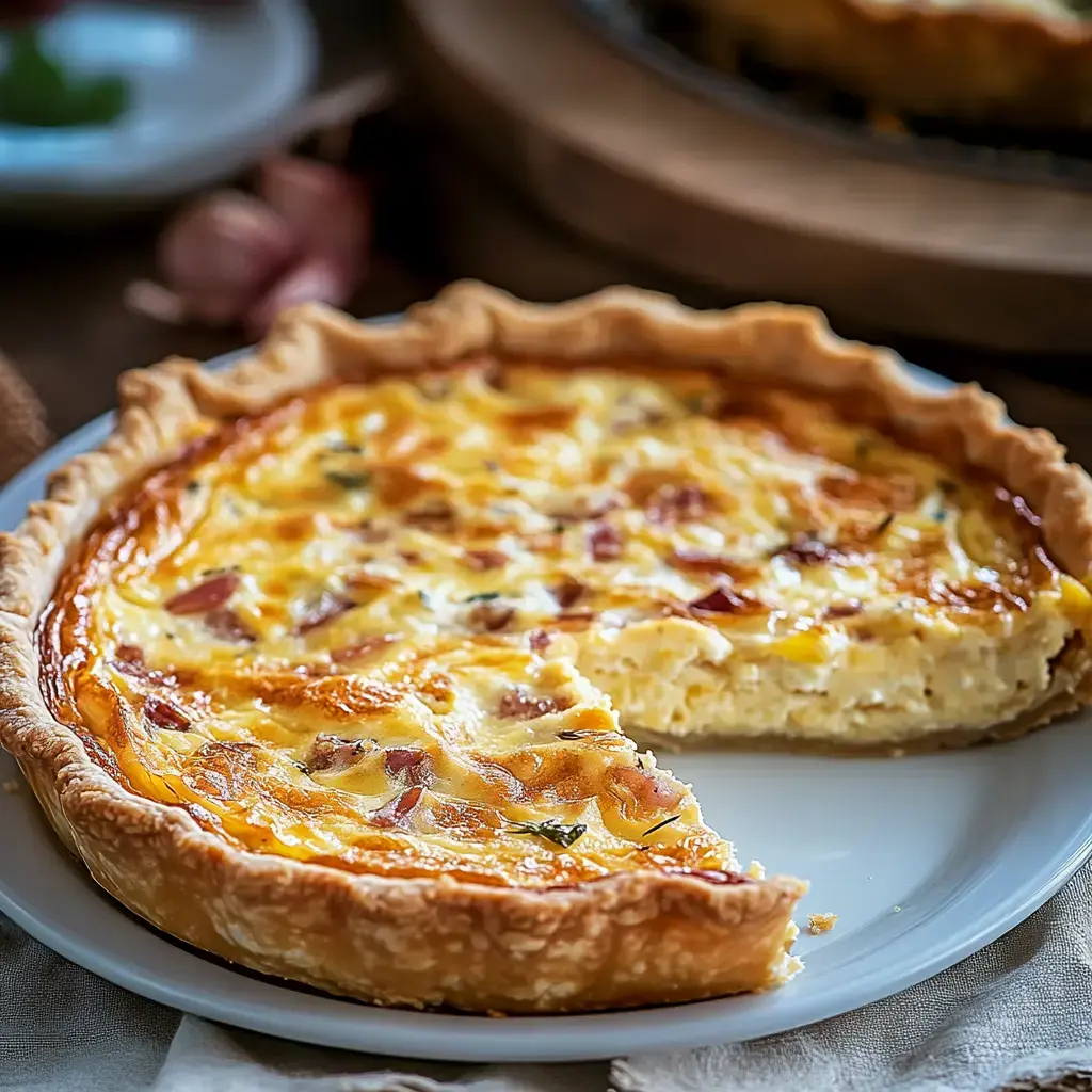 Warm golden-brown quiche with ham and cheese filling, some herbs, and a slice removed exposing the creamy center.