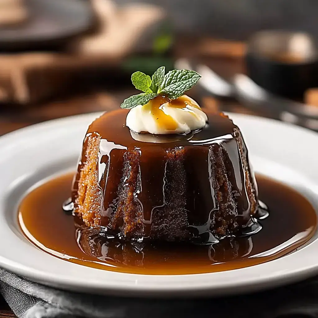 A caramel-covered treat with whipped cream and mint, served on white plate with glossy sauce.
