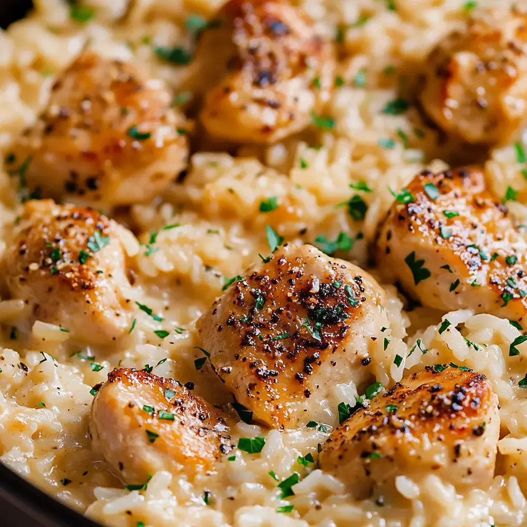 Close-up of creamy parmesan rice topped with seared chicken and fresh parsley.