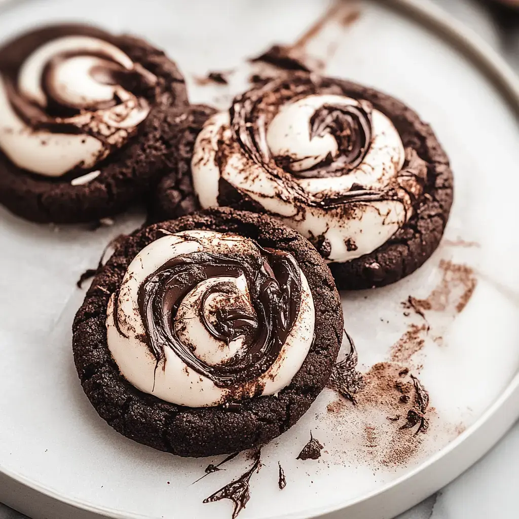 A white plate holds three chocolate cookies with swirled marshmallow tops, finished with light chocolate drizzles and smudges nearby.