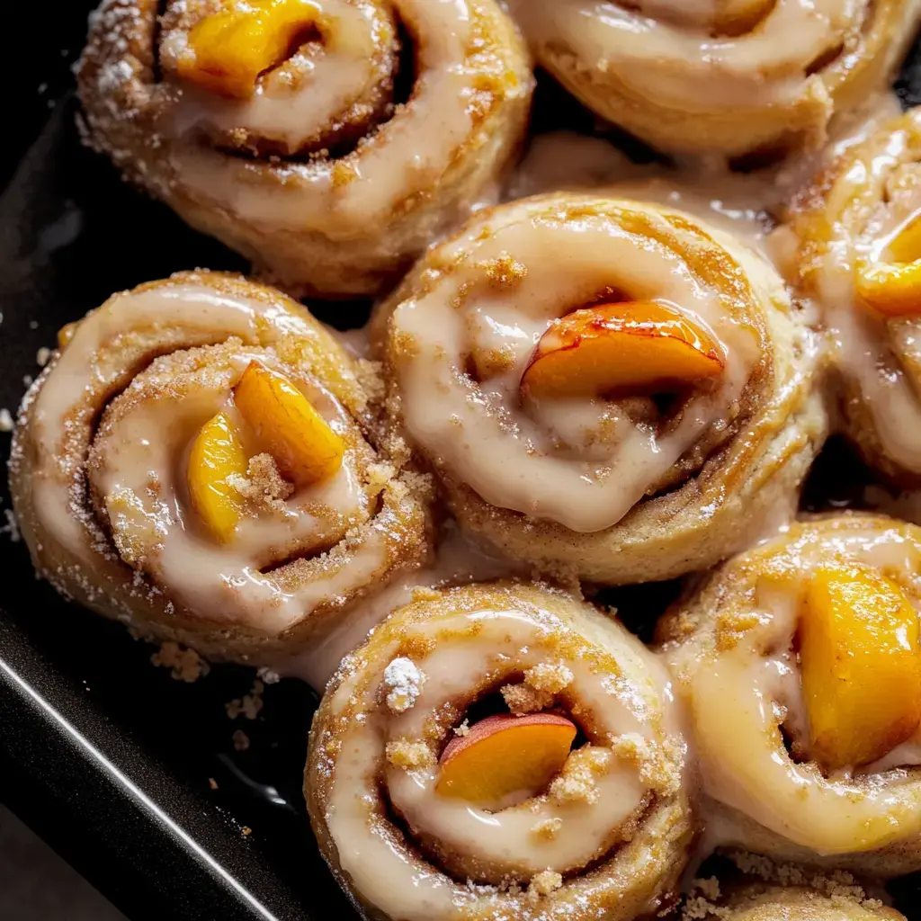 A zoomed-in view of warm cinnamon rolls drizzled with creamy frosting and decorated with slices of peach.