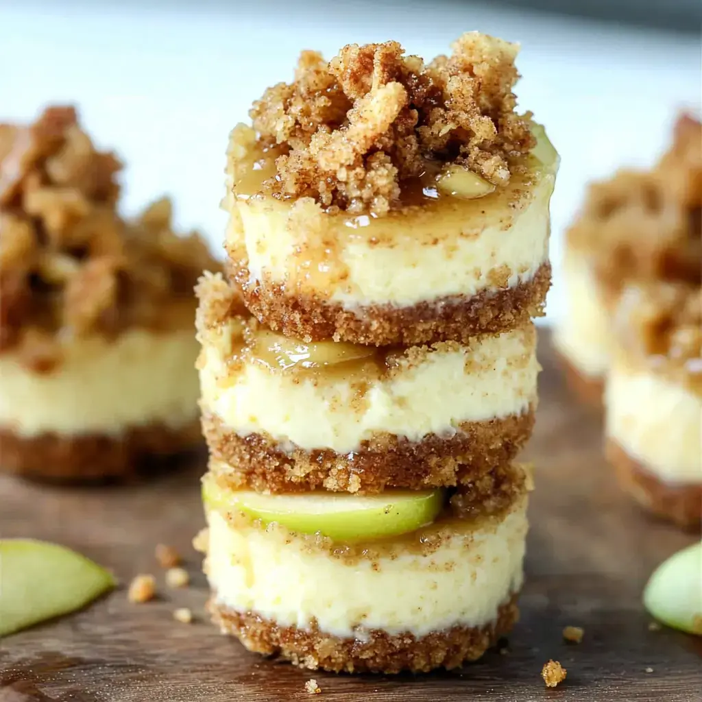 Several mini cheesecakes with crumble topping, caramel drizzle and fresh apple slices arranged on wooden serving board.