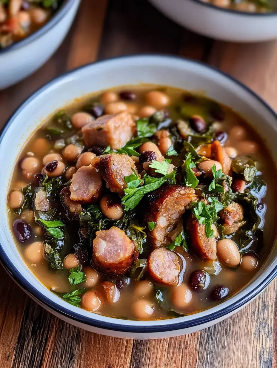 A bowl of steaming bean stew featuring chunks of sausage, leafy greens, and fresh parsley garnish on wooden table.