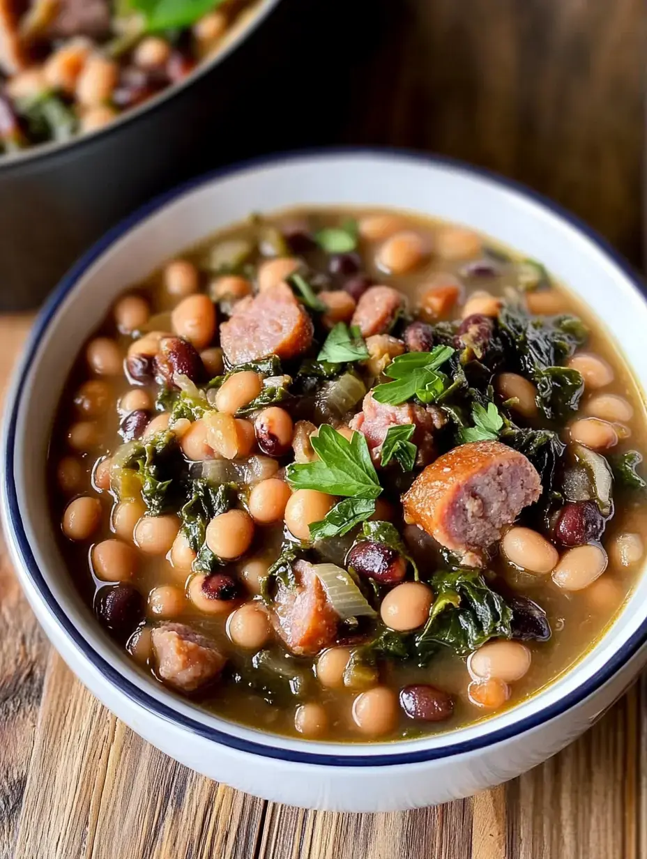 A rustic wooden table holding a hearty bowl of bean soup with sausage chunks topped with fresh parsley.