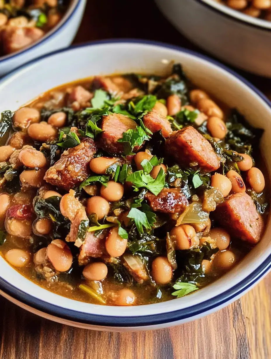 A wooden table featuring a deep bowl of home-cooked beans with chunks of meat and herbs scattered throughout.