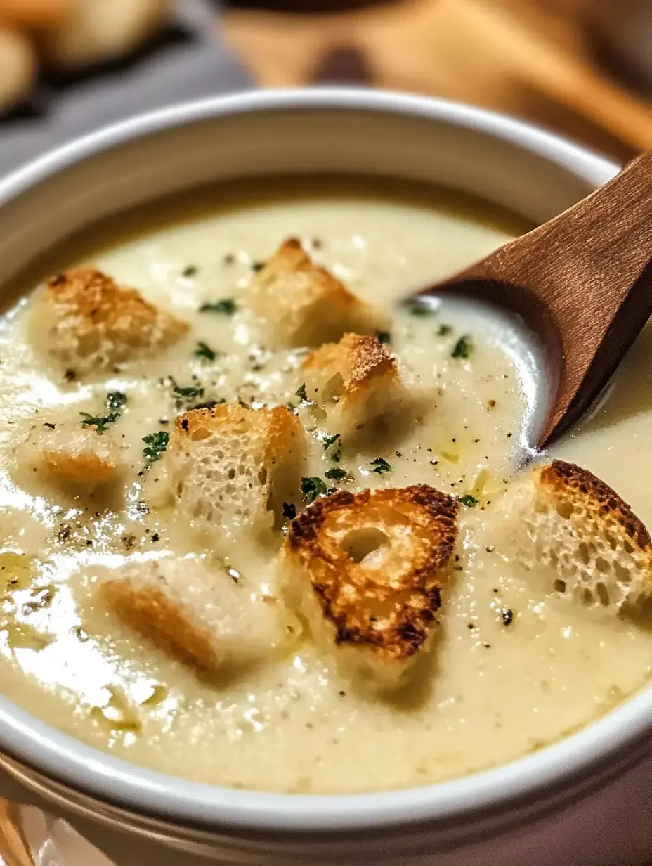 A creamy soup in a bowl topped with toasted bread chunks and herb sprinkles, with a wooden spoon nearby.