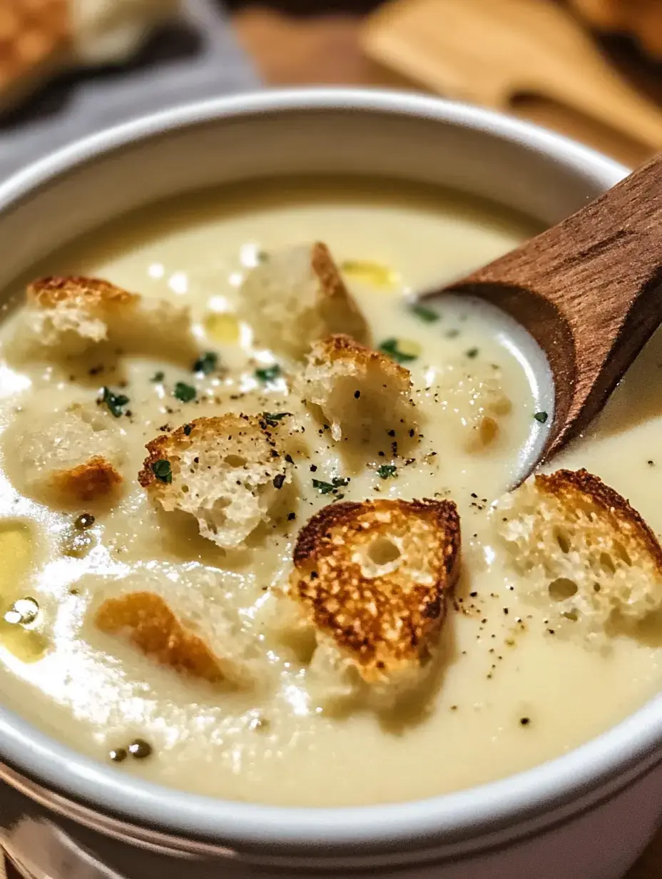 A rich soup closeup showing toasted bread pieces and herb garnish floating on the surface.